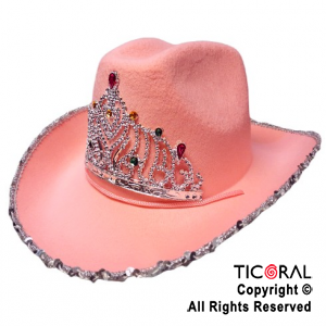 SOMBRERO COWBOY CORONA Y LENTEJUELAS ROSA x 1